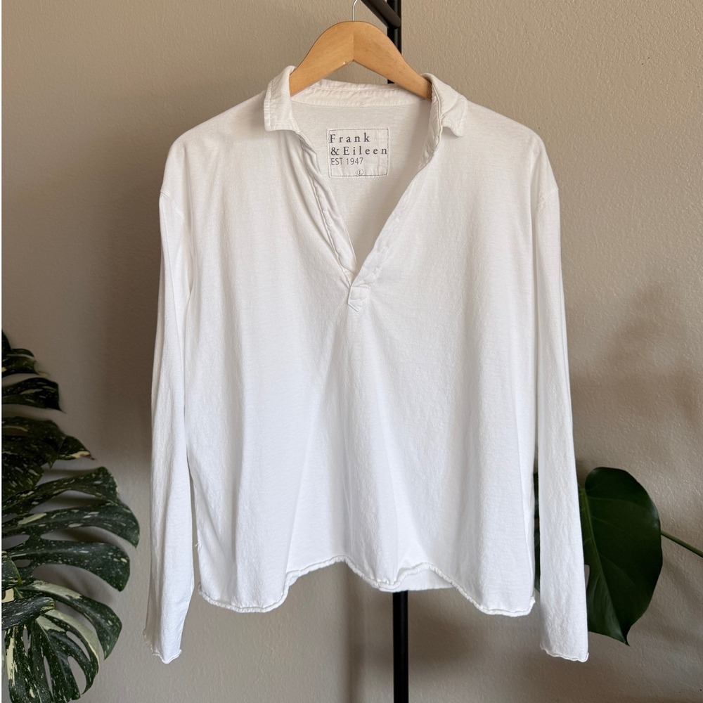 Frank & Eileen White Cotton Long Sleeve Polo V-Neck Raw Hem Top Size L